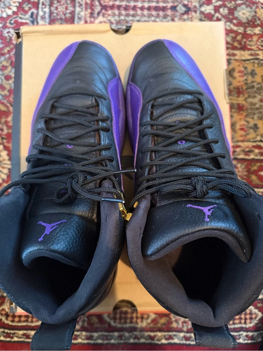 Jordan 12 Retro Field Purple Sneakers - Black & Purple with Gold Eyelets